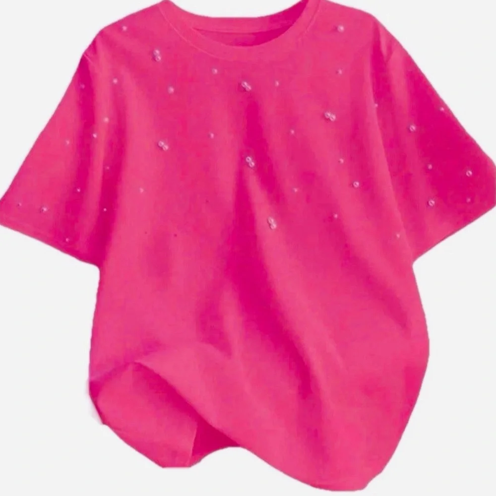 NWT Astrid Pearl Embellished Hot Pink T-Shirt Size XL Fuchsia Summer Top